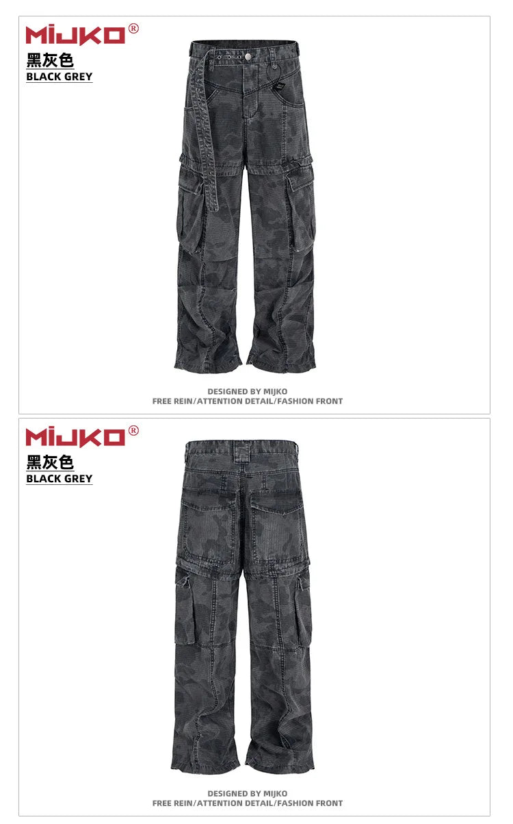 MIJKO Cargo Pants Straight Work Pants Heavy Fermented Washed Old Streamers Casual Men's And Women's Clothing
