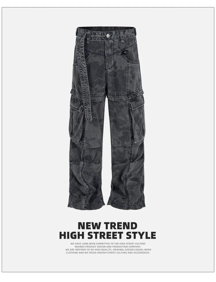 MIJKO Cargo Pants Straight Work Pants Heavy Fermented Washed Old Streamers Casual Men's And Women's Clothing
