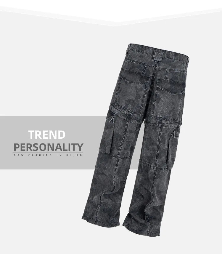MIJKO Cargo Pants Straight Work Pants Heavy Fermented Washed Old Streamers Casual Men's And Women's Clothing
