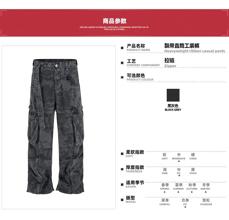 MIJKO Cargo Pants Straight Work Pants Heavy Fermented Washed Old Streamers Casual Men's And Women's Clothing